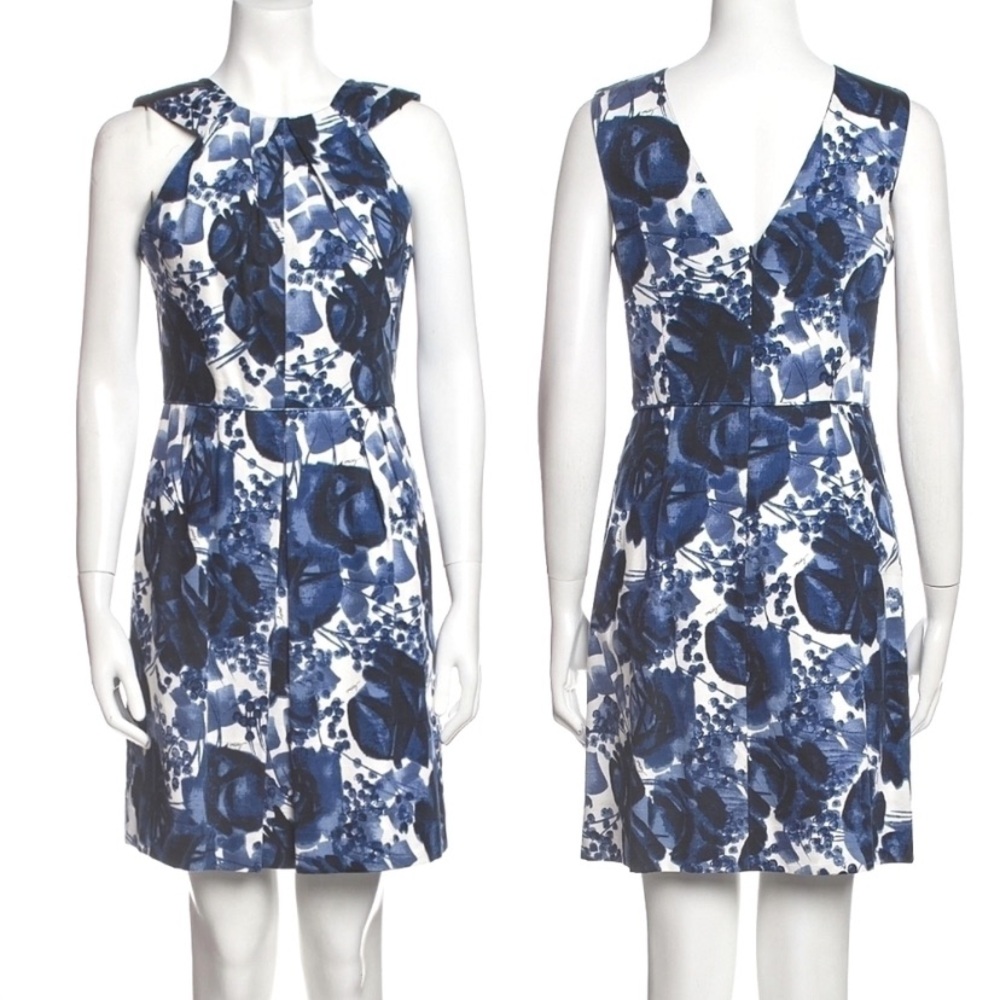 Milly Floral Print High Neck Mini Dress in French Blue and White Size 4